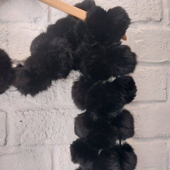 100% Genuine Rabbit Fur Scarf Black Long 71" x 7" Pompons Tassel Authentic Soft - Picture 8 of 9